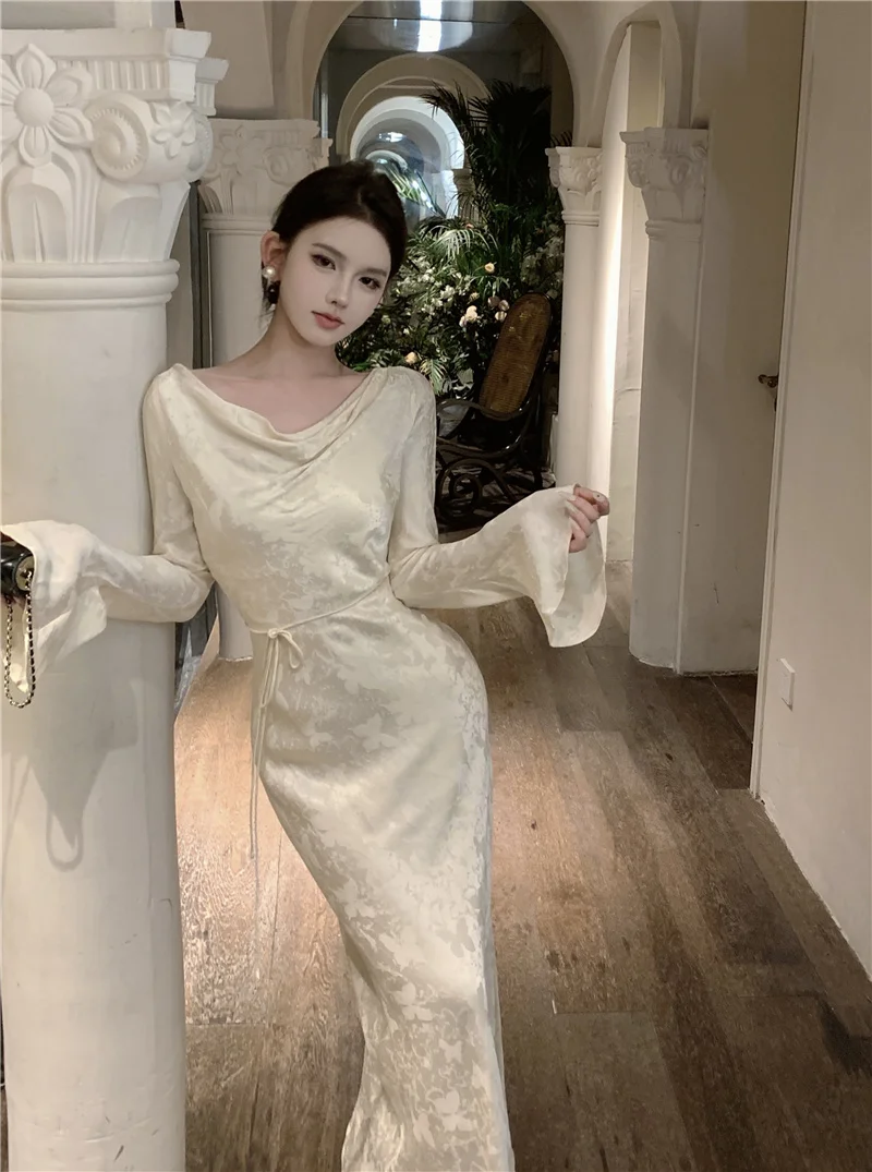 Autumn Bodycon Wedding Evening Dresses for Women Flare Sleeve Swinging Collar French Vintage Prom Robe Midi Vestidos Mujer New