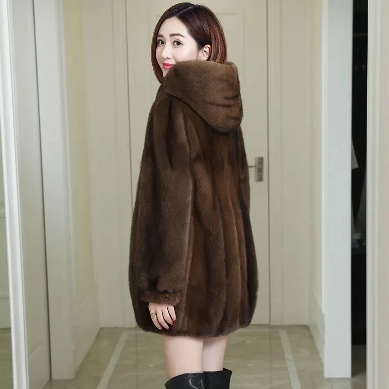 2023 New Imitation Mink Temperament Loose Fur Autumn And Winter Long-sleeve Thickened Womens Casual Hooded Mid-length Lady Coat
