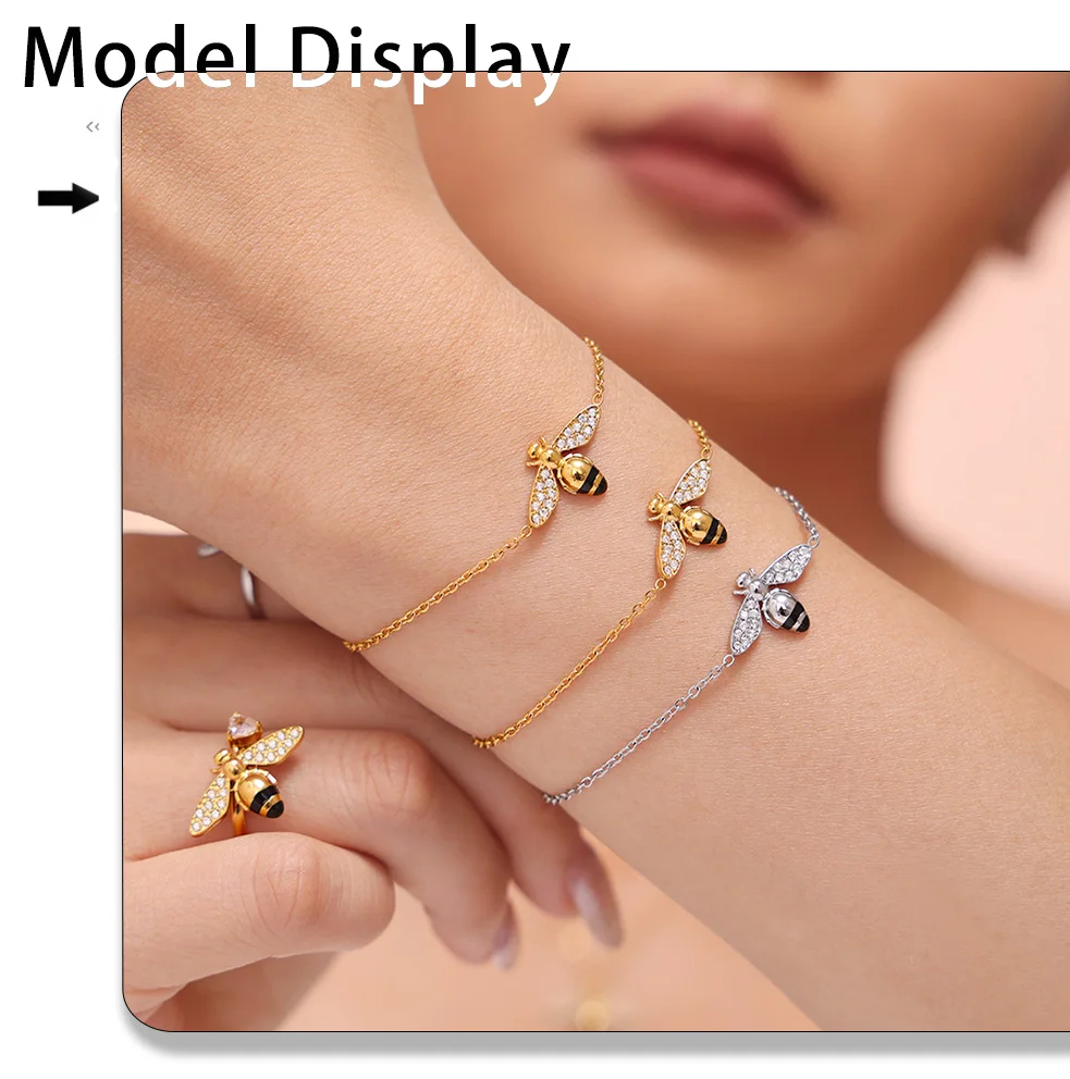 Trendy 316L Edelstahl Kleine Biene Halskette Armband Ohrringe Ringe Für Frauen Mode Zirkonia Wasserdicht Schmuck Set – Detail 3