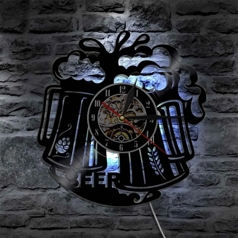 Birra Logo Wall Art Orologio Da Parete Pub Bar Tavern Barman Brew Brewery Cheers Alcohol Liquor Ale Drink Vinile Record Orologio Da Parete Regalo