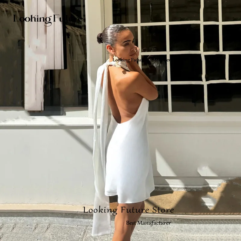 Simple Satin White Sheath Mini Wedding Dress 2025 Sexy Sleeveless High Neck Pleat Bow Elegant Backless Short Gowns Customized 16 S7d2847bb894f42bdab058d7f086681ebp