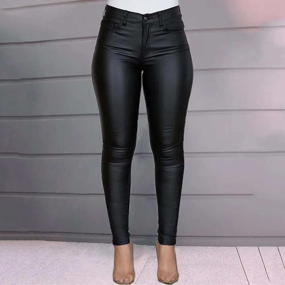 

Women Artificial Leather Pants Faux Leather High Waist Skinny Pants with Butt-lifted Design Elastic Closure Slim Fit Women's