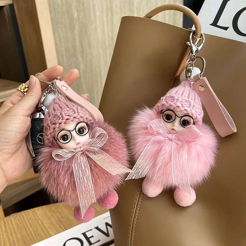 Cute Pompom Keychain Real Fox Fur Ball Keyring Plush Eye