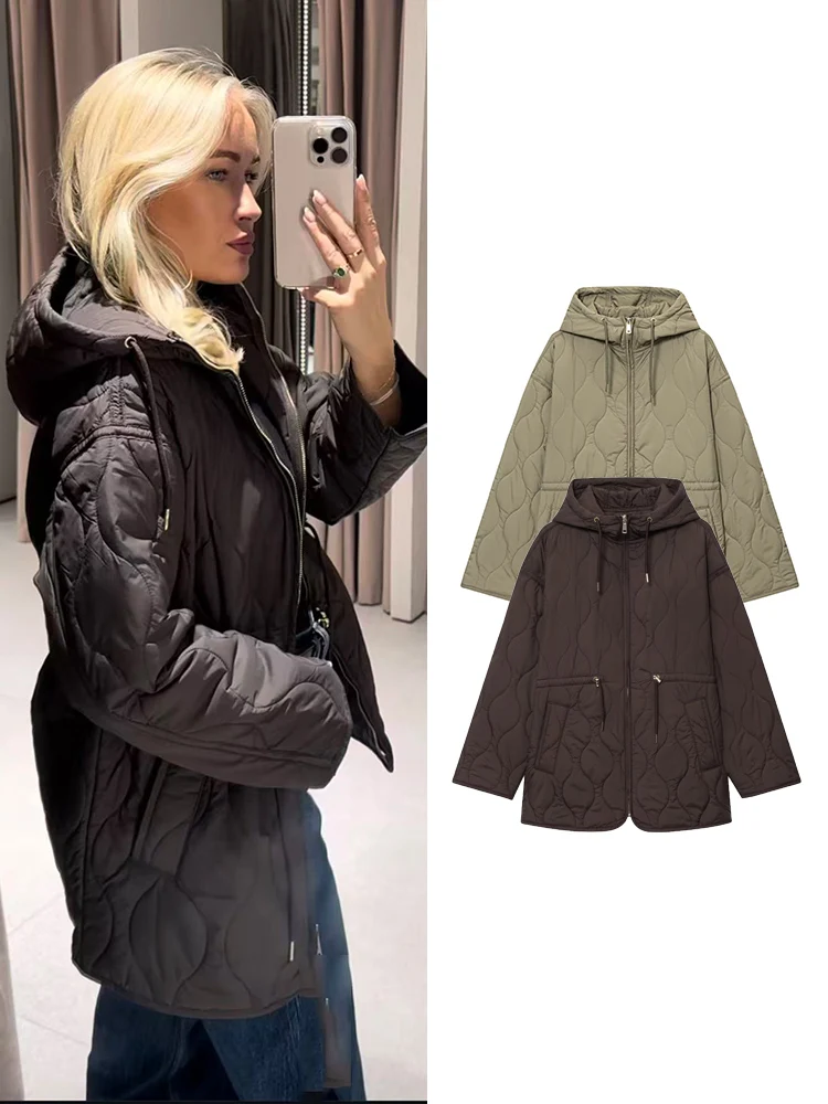 Winter Women Hooded Drawstring Cotton Jackets  Fashion Casual Zipper Pocket Quilted Coat Female Warm Long Outerwear 2025 New