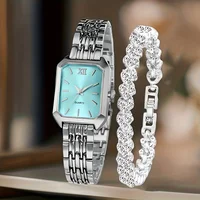 2PCS Fashion Rectangle Women Quartz Watch Rhinestone Bracelet Set Ladies Roma Dial Wristwatch Reloj Mujer Girls Clock Gift 5