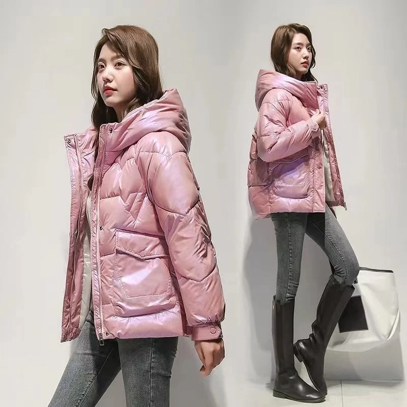 2023 New Glossy Down Cotton Jacket Women Winter Loose Hooded Thicken Warm Outwear Casual Female Parkas Overcoat