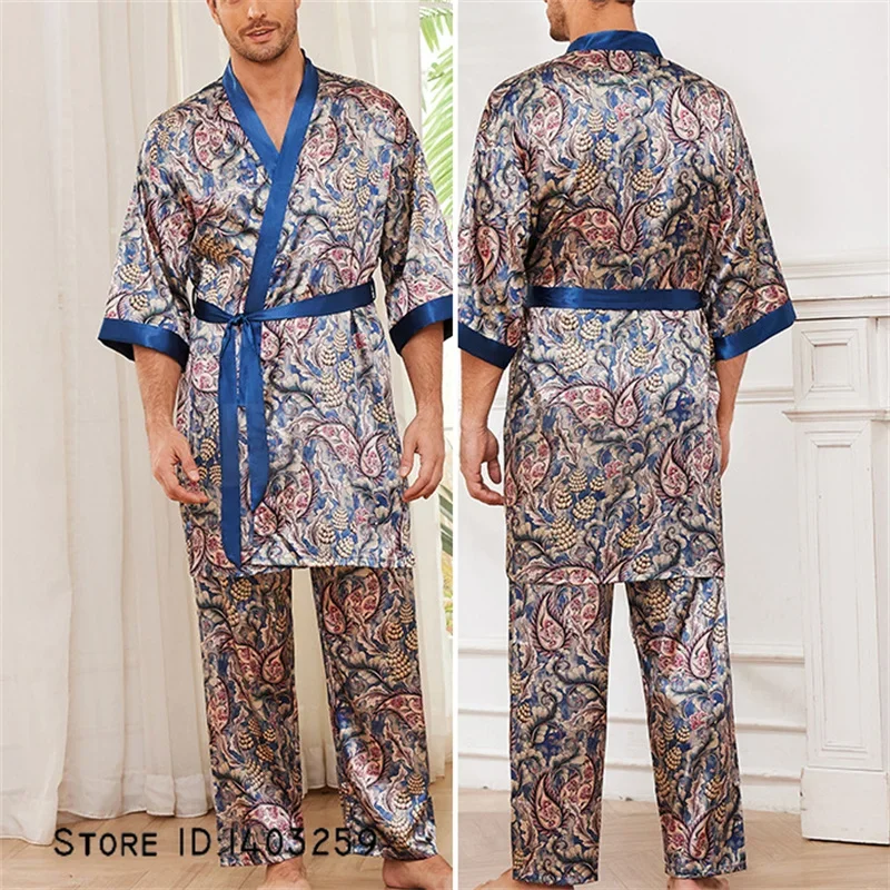 Long Sleeve Men's 2PCS Pajamas Set for Spring Autumn Print Kimono Bathrobe Gown Trouser Suits Casual Satin Homewear Loungewear man pajamas set