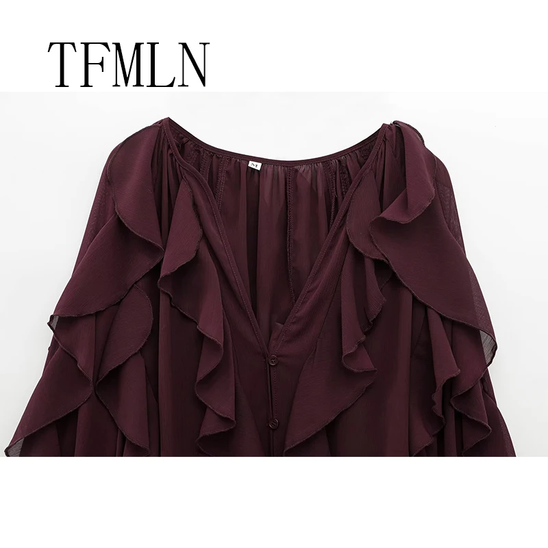 TFMLN Women Fashion Spring Summer Ruffle Blouses Shirts Female Single Breasted Tierred Causal Tops Beach Style Shirt