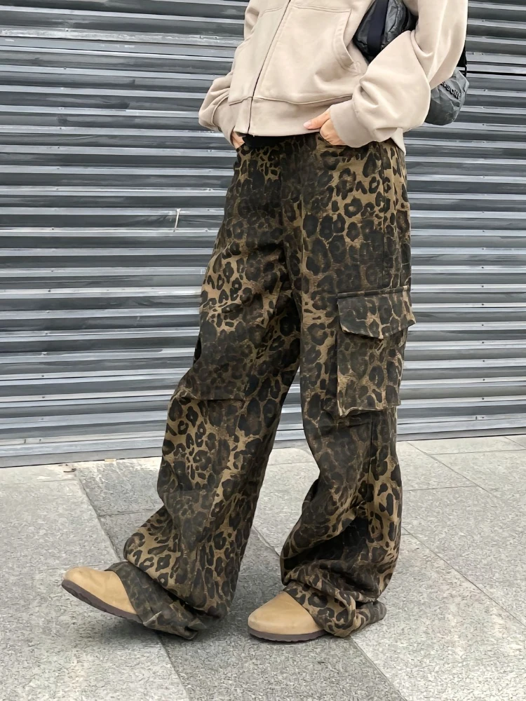 

ADAgirl Leopard High Waist Cargo Jeans Women Y2k Vintage Oversize Pockets Straight Wide Leg Denim Trousers Hip Hop Fashion Pants