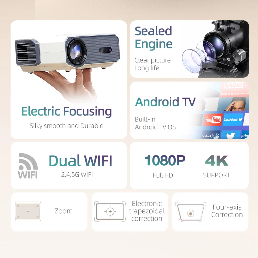 Portable Projector Mini Projector Video Projector AUN A004 Pro LED Projector Android TV WIFI 3D Electric Focus Full HD 1920x1080P Home Cinema Theater Smart MINI 4K VideoProjector