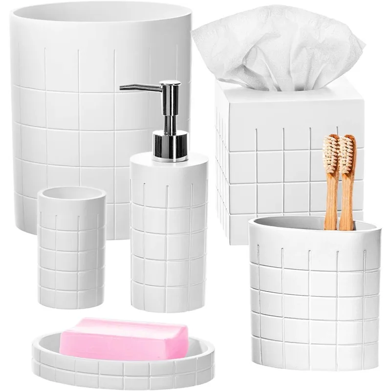 Polar White Bathroom Accessories Set with Trash Can-6 Piece Bathroom Set Features: Waste Basket, Tissue Cover, Soap Dispenser,
