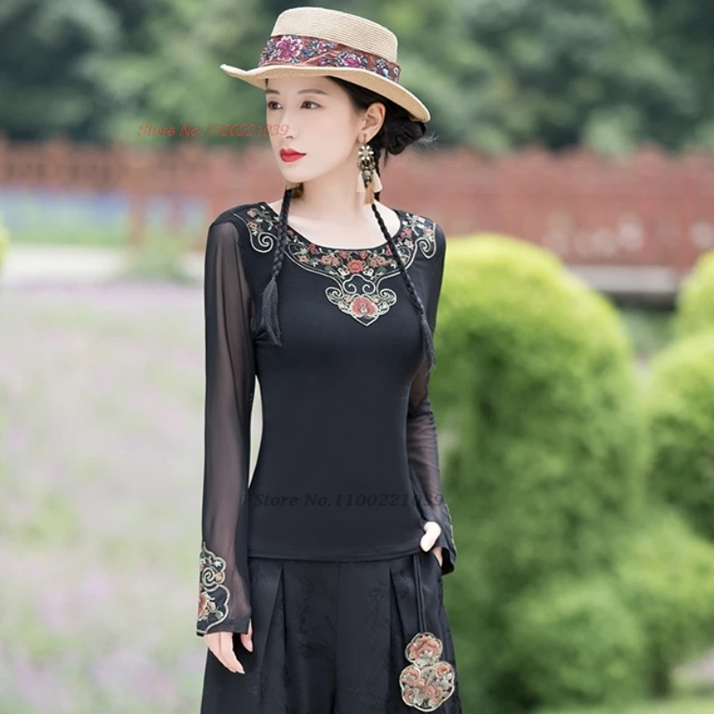 chinese traditional t-shirt national flower embroidery o-neck mesh sleeve folk shirt vintage hanfu tops retro base shirt