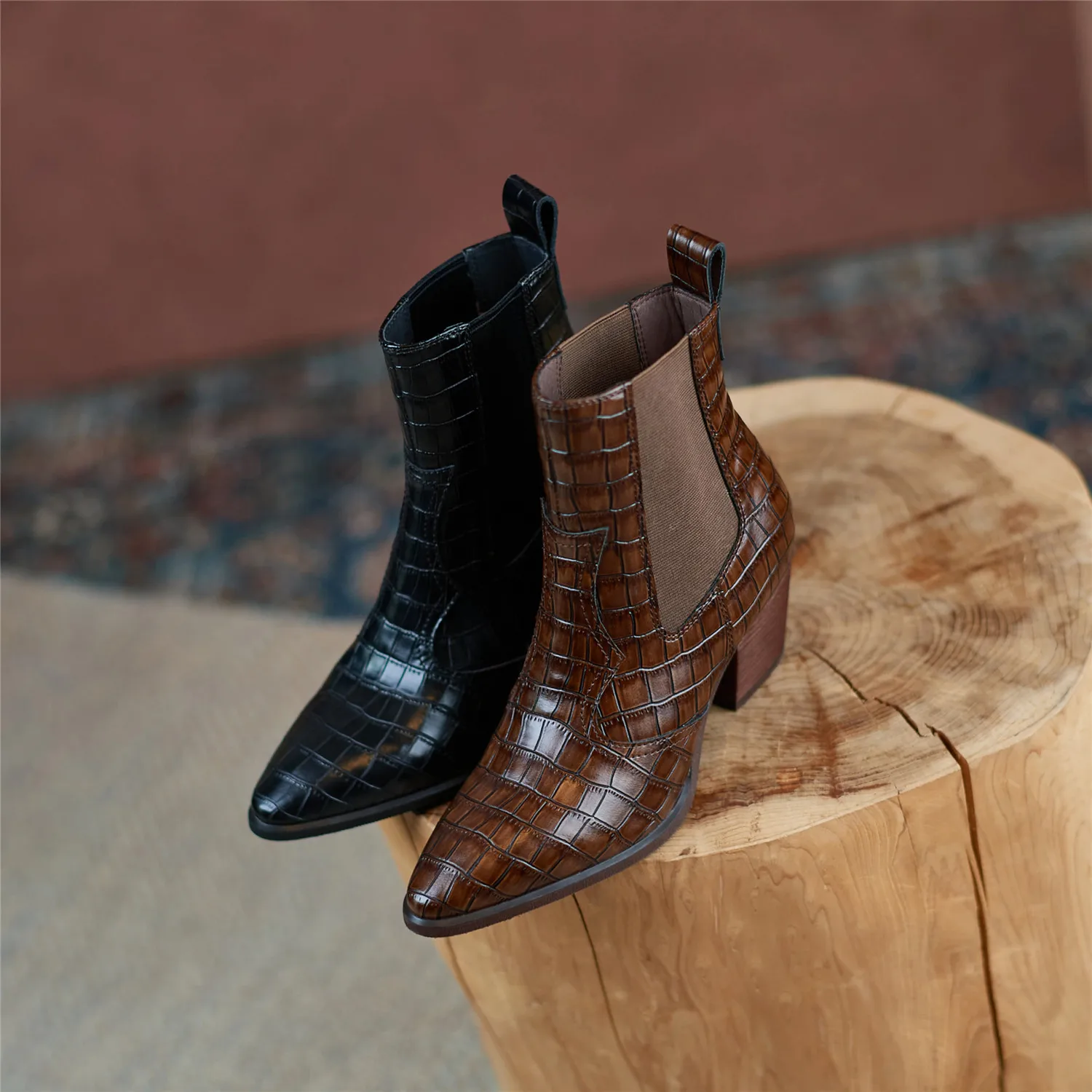 Cowboy Ankle Boots for Women Luxury Cow Split Genuine Leather Block High Heel Elastic Band Short Booties Goth Brown Black Shoes