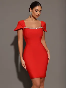 Women Celebrity Sexy Square Collar Black Red Mini Bodycon Bandage Dress 2024 Knitted Elegant Evening Club Party Outfit 4