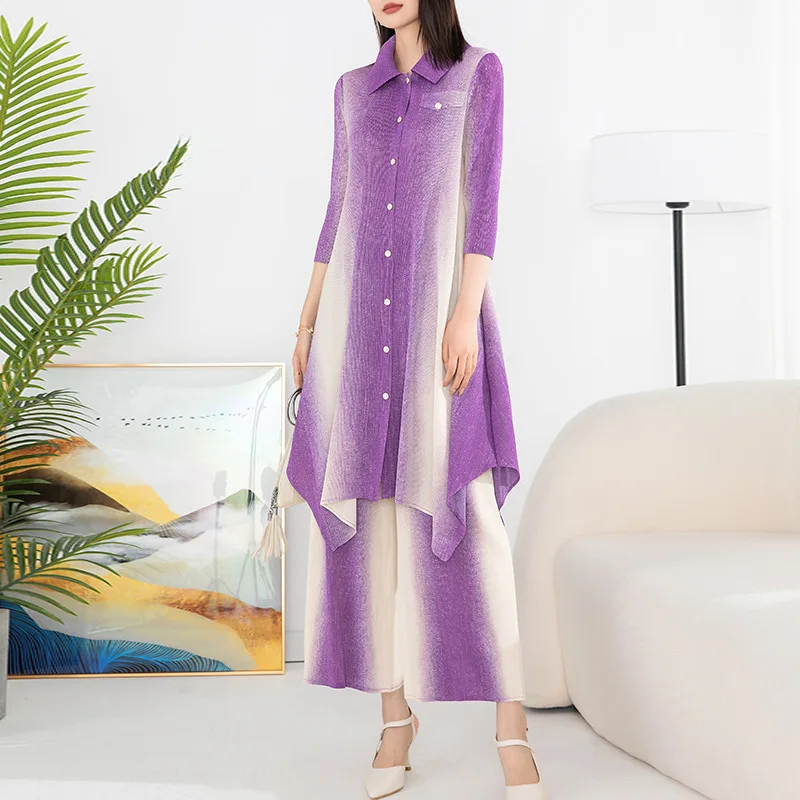 

Плиссированный модный костюм для отдыха Miyake, новинка весны-лета 2023, Высококачественная длинная рубашка с градиентным воротником и широкие брюки, комплект из двух предметов