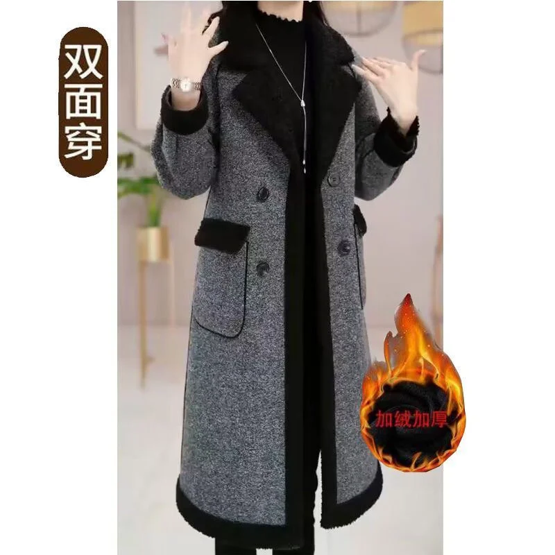Two Side Wear Velvet Thicke Blend Woolen Coat Women's Long Lamb Wool Coat 2024 Winter New Mid Aged Mom Warm Over Knee Plaid Coat