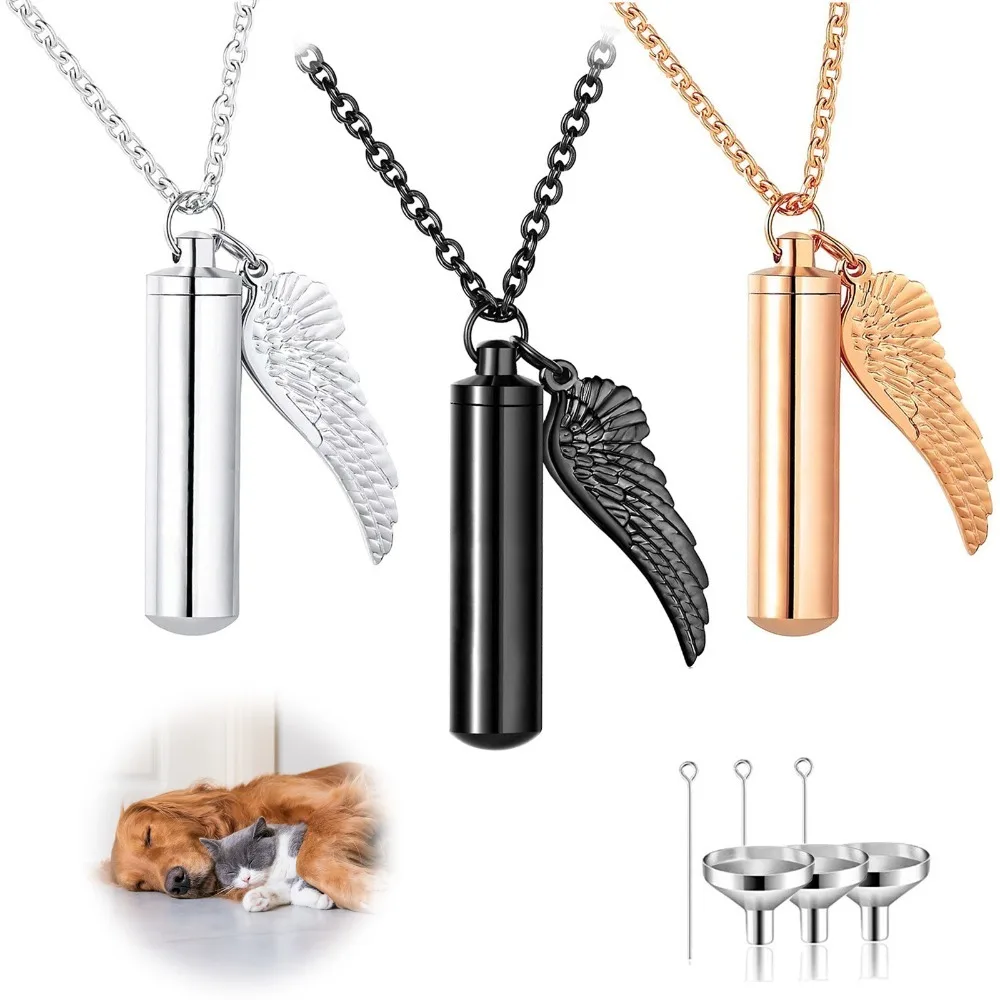 Ashes Pendant Cylindrical Small Wings Memory Pet Cat Dog Necklace for cremation jewelry