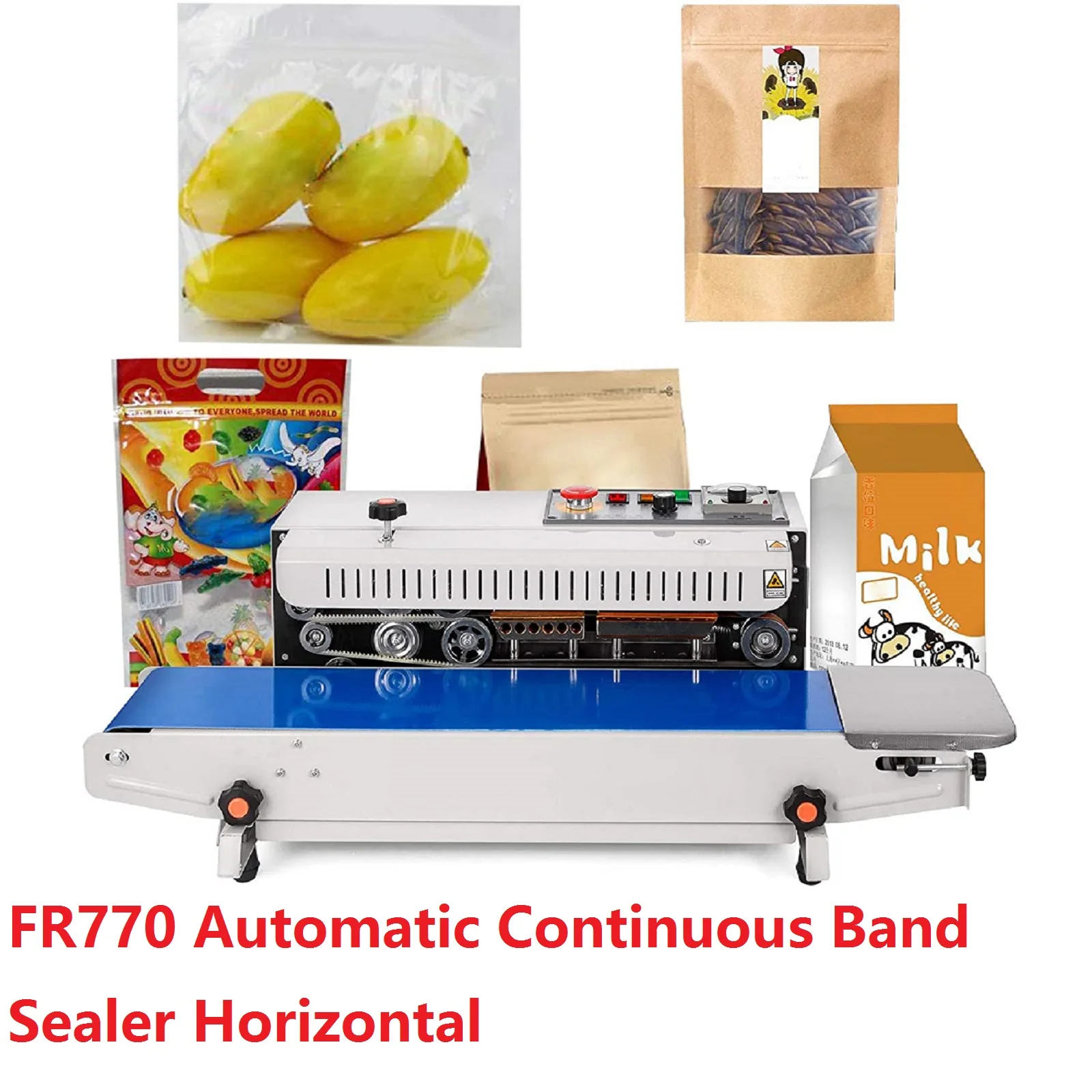 FR770 Continuous Band Sealer for Plastic Bags Film Sealing Heat Continuous Food Sealer Can Print Date