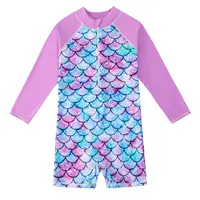 2024 Summer Girls Mermaids Long Sleeves Round Neck One-piece Swimsuit For 4-12Years Children Fish Scale 3D Print Bathing Suit 4