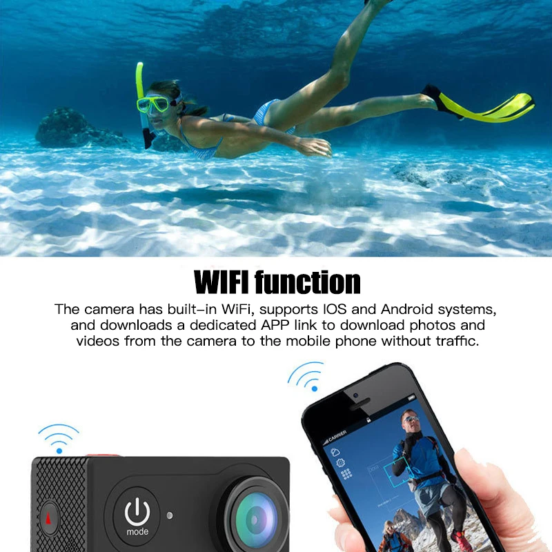 Action Camera Ultra HD 4K 30fps WiFi 2.0-inch Screen 170D 30M Underwater Waterproof Video Recording Sport Extreme Pro Cam