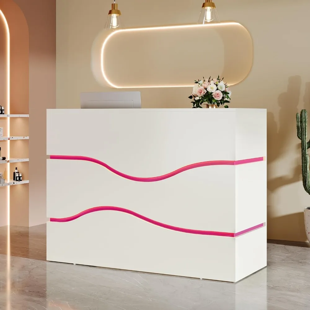 Modern Reception Desk LED Lights, 55.12-Inch Modern Front Desk Reception Counter, Checkout Counter for Room, Lobby