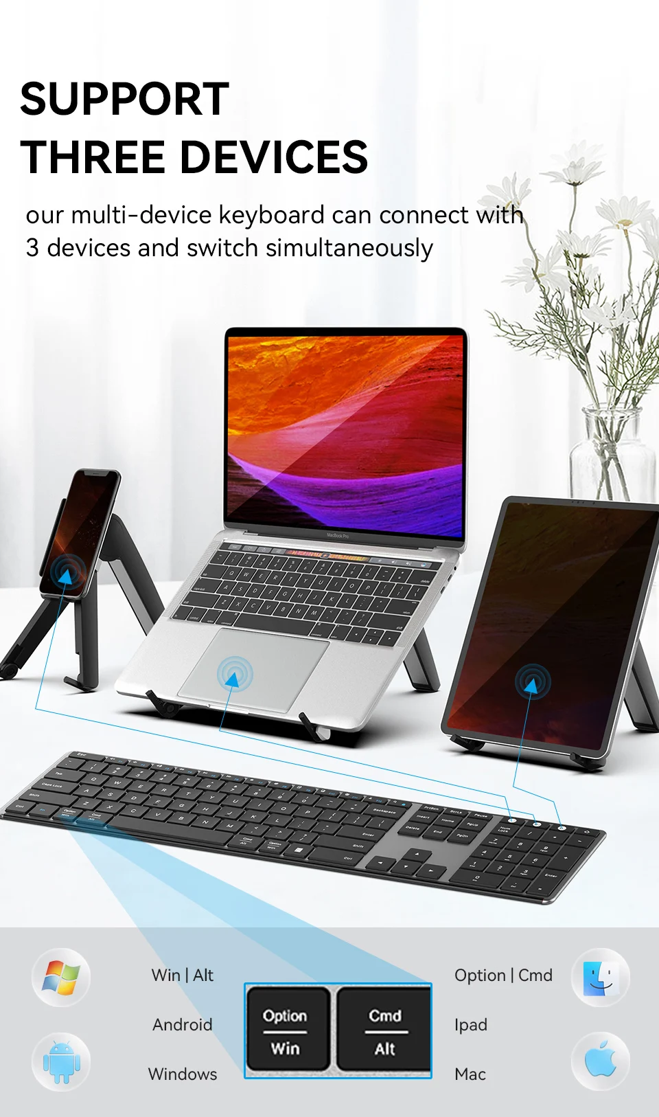 ausdom sem fio bluetooth modo duplo zona chave teclado escritório teclado em casa silencioso teclas para computador pc ipad telefone