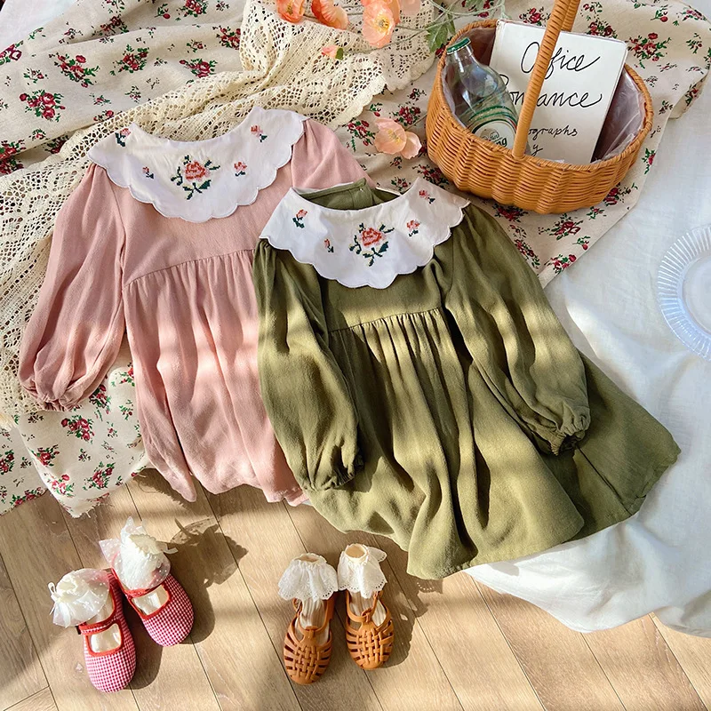 

Embroidered Baby Girls Dress Clothing For Kids 2023 Autumn New Floral Turn-Down Collar Princess Dress Casual Children's Clothing