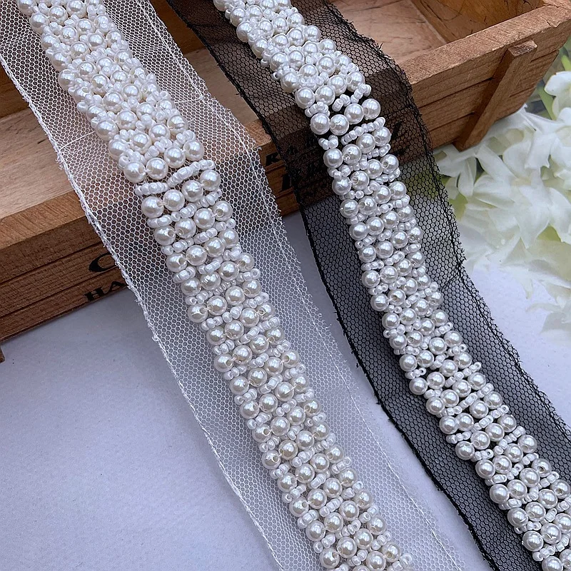 5.8Yard/Roll Pearl Beaded Lace Ribbon Tape Lace Fabric Trim Embroidered  Collar Decoration Cotton Lace