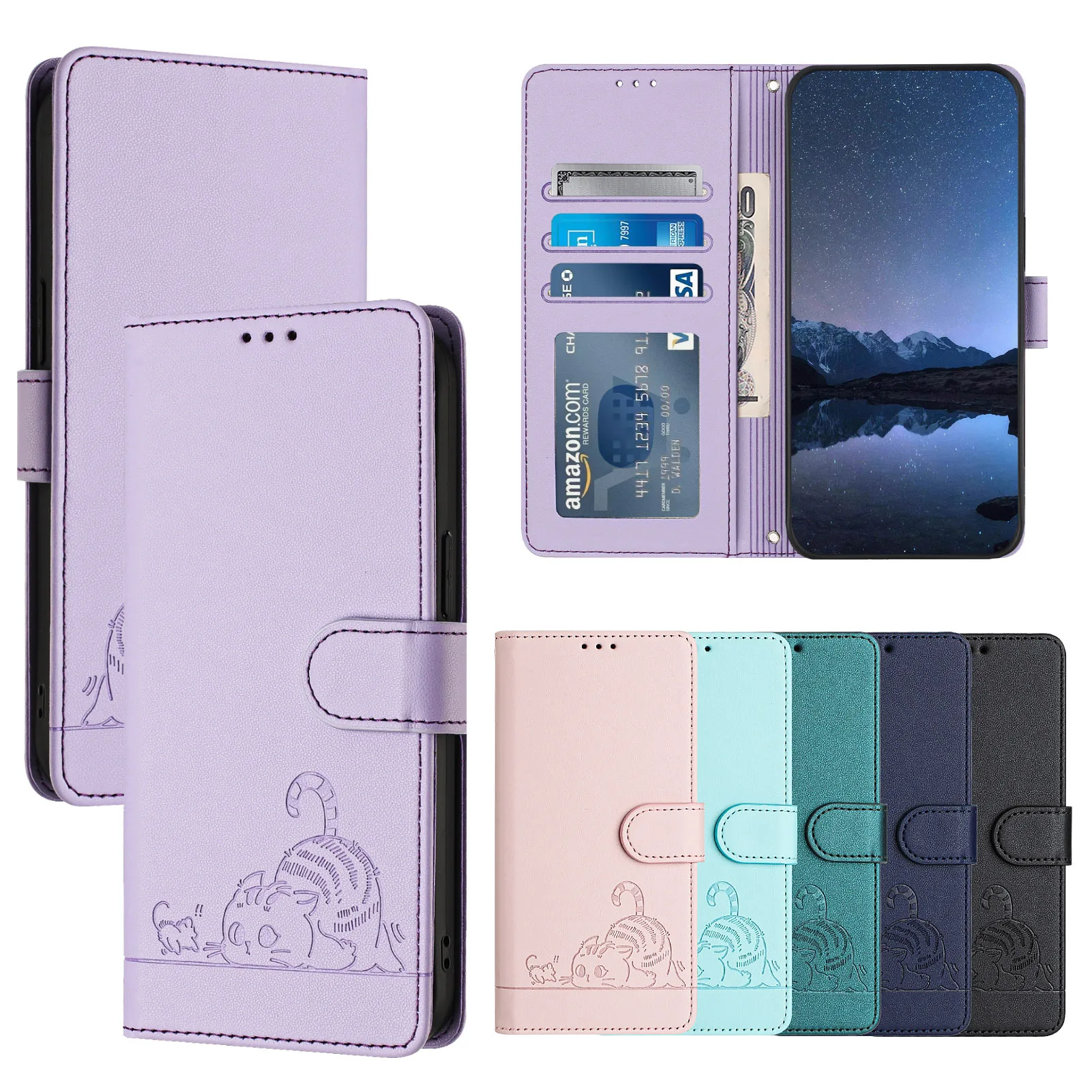 Charming Cat Crossbody Leather Wallet Phone Case with Lanyard and Card Slots