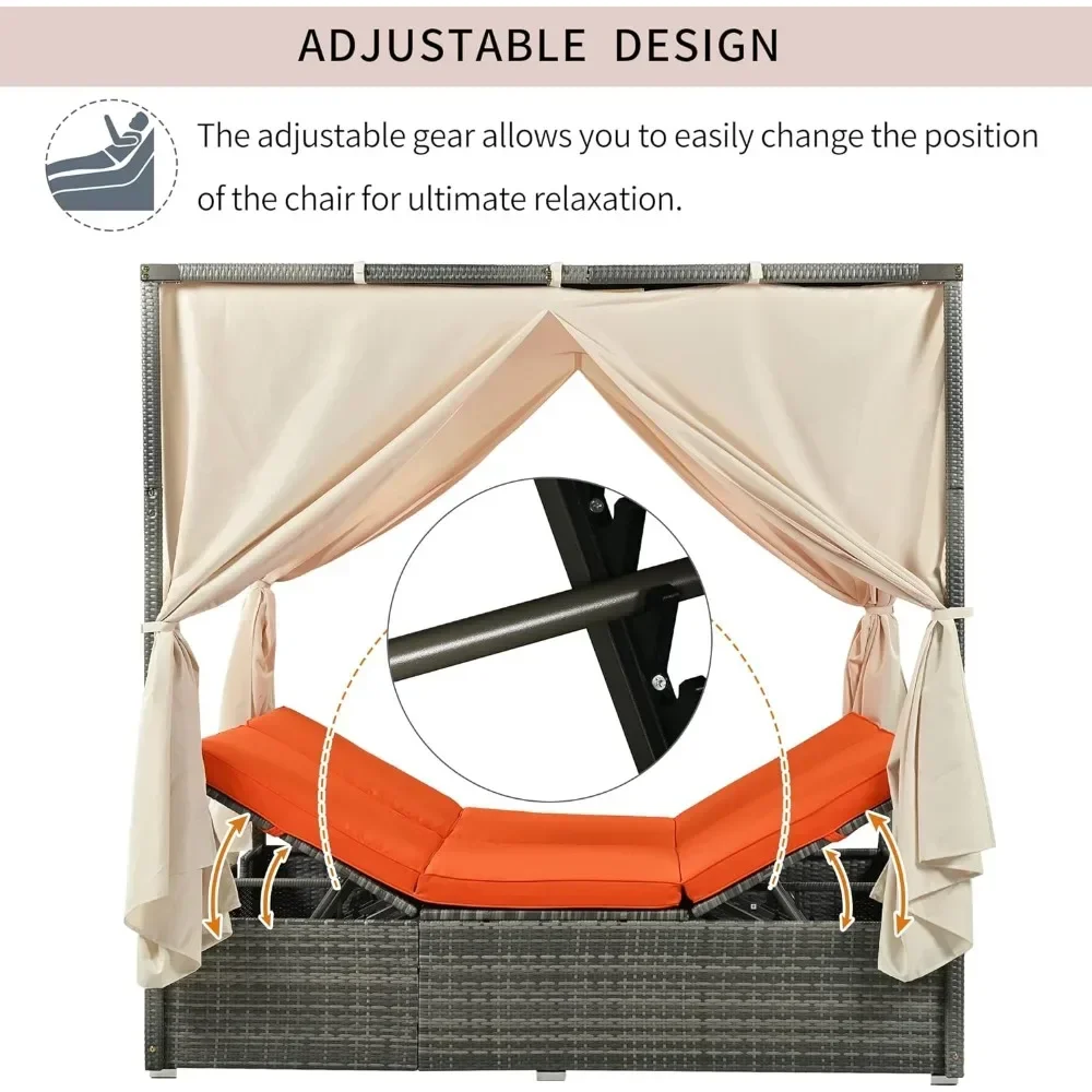 Outdoor Daybed with Curtain Canopy Bed Patio Furniture Adjustable Sunbed Set All-Weather Rattan Sun Lounger Patio Wicker Sofa 4