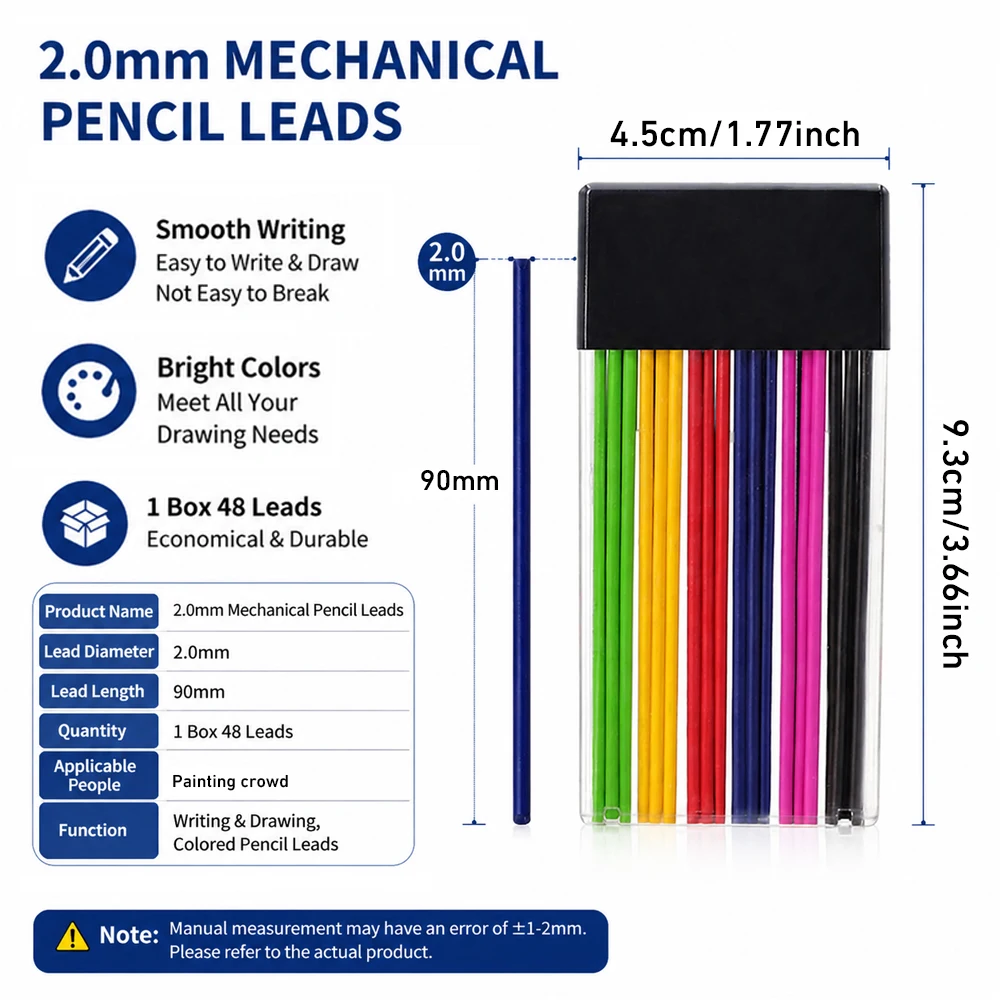 48Pcs/1Box 2.0MM 자동 연필심 리필, 6색 교체 가능 기계식 연필심 학교 필기구 액세서리