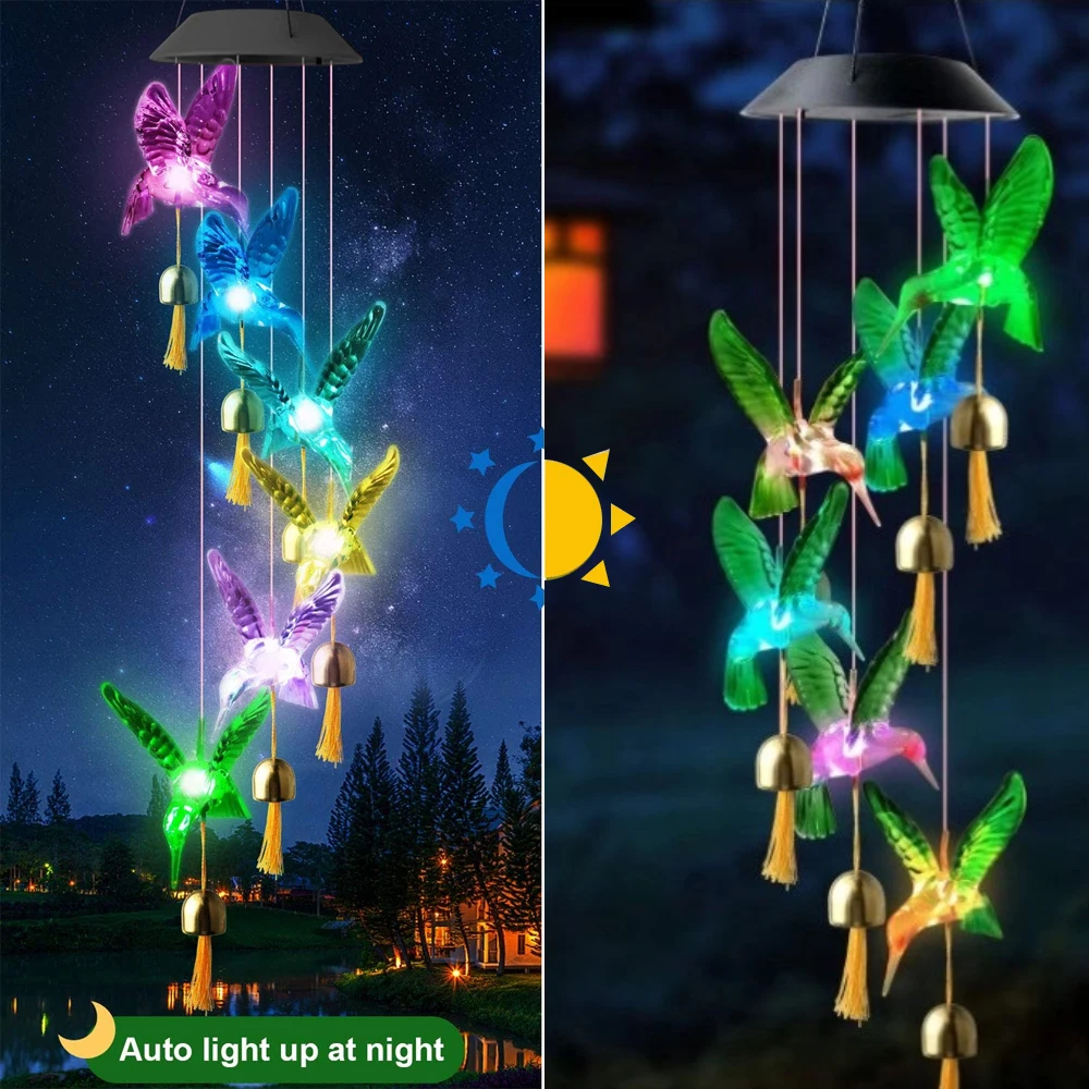 Color changing Solar Wind Chime Crystal Ball Hummingbird Wind Chime Lamp Waterproof Outdoor Use for Courtyard Garden Decoration outdoor solar spot lights Solar Lamps