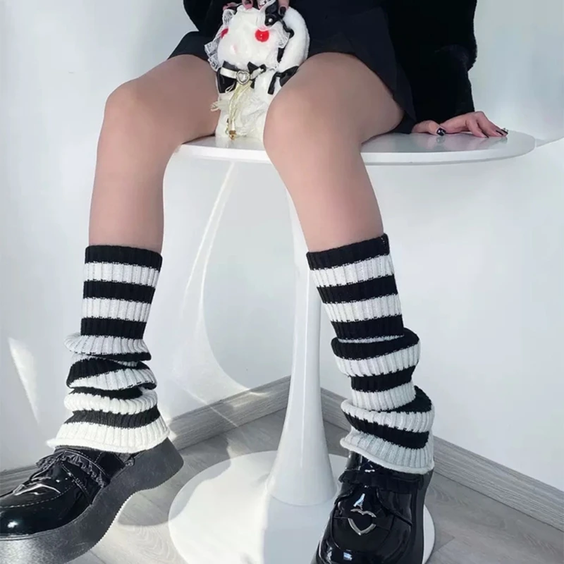 

Japanese Women Student Ribbed Knitted Striped Stretchy Leg Warmers Long Socks