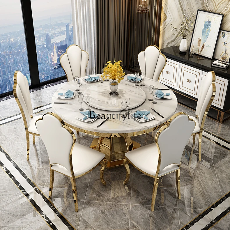 

Mild Luxury Marble Dining Table and Chair Assemblage Zone Turntable round Household Small Apartment Stone Plate Stool Table