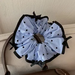 Elegant Blue Striped Heart Scrunchie with Black Bow and 3D Lace Detailing - Size fits all (Blue)
