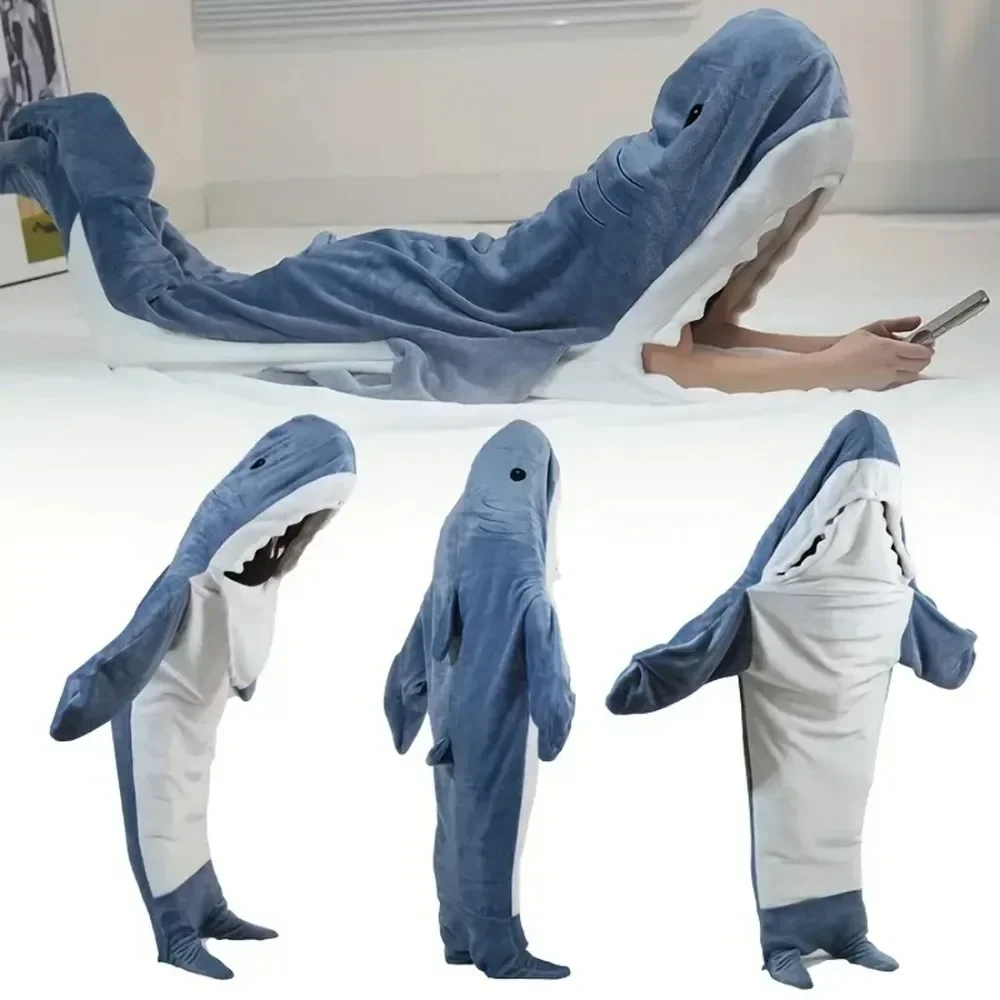 

Funny Shark Blanket Hoodie Women Wearable Kigurumi Kids Parents Hooded Warm Flannel Cartoon Homewear Shark Onesie Sleeping Bag