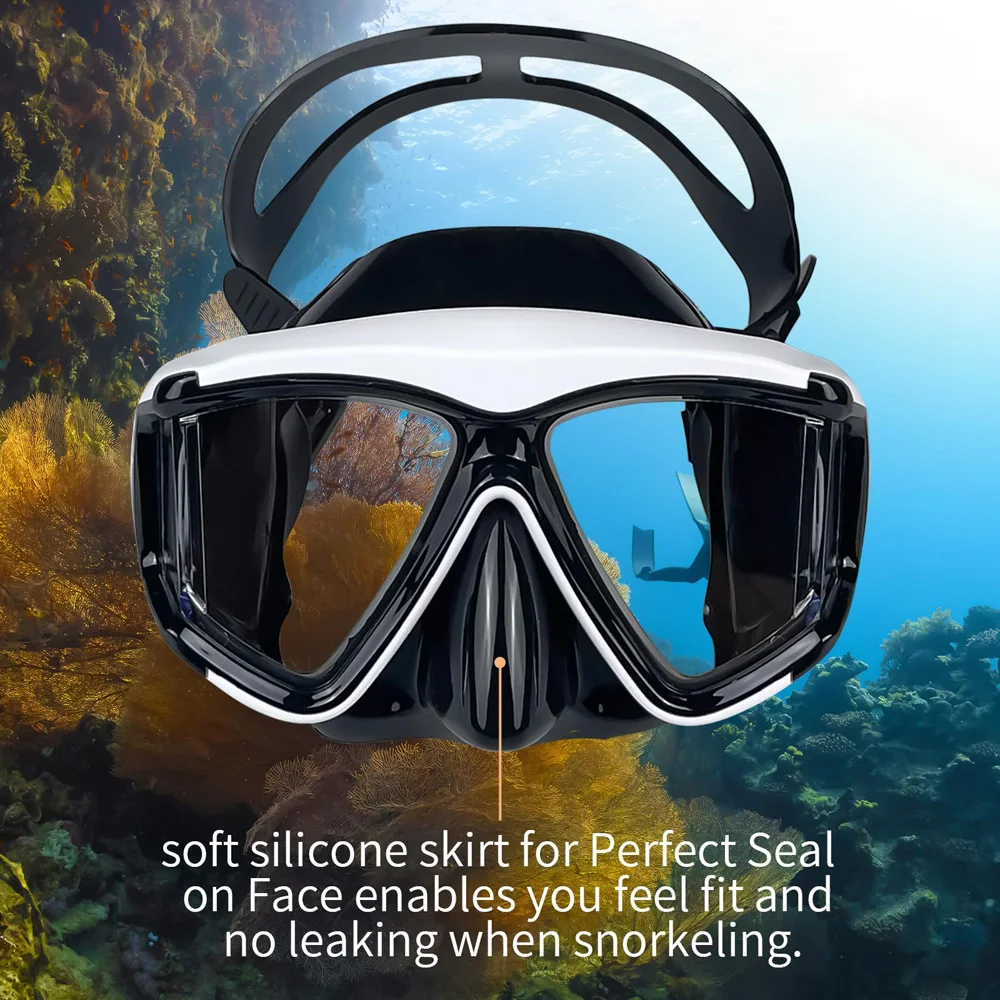 Schnorchelmasken-Set, Tauchen, Schwimmen, Trainingsbrille, beschlagfrei, auslaufsicher, 3-Fenster, Panorama, Weitsicht, HD, Trockenoberteil, Erwachsene, Jugendliche – Detail 1