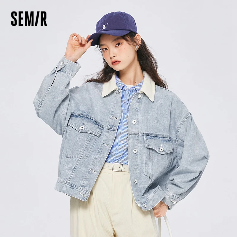 

Semir Women Jacket Denim Hit Color Lapel Printed Jacket Niche Casual Autumn Trendy Personality Loose Clothes Jacket for Women