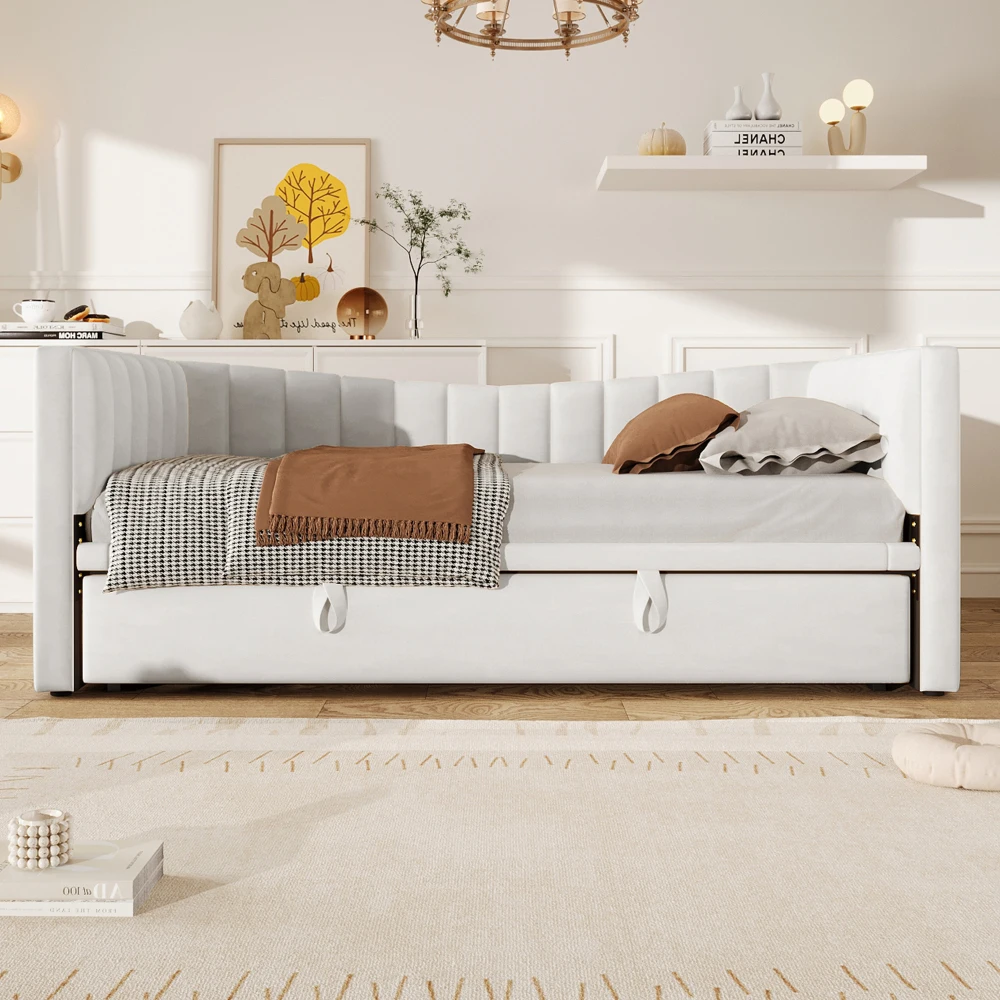 Tagesbett, 90 x 200 cm (180 x 200 cm), gepolstertes Bett mit ausziehbarem Bett, Schlafsofa, Einzelbett, Doppelbett (ohne Matratze), Samt – Detail 22