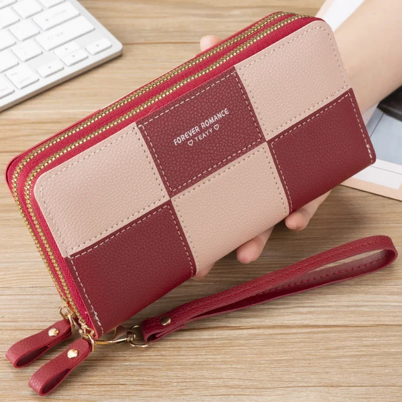 

Fashion PU Leather Wallet for Women Double Zipper Color Matching Black/Purple/khaki/Burgundy Long Card Holder Female Coin Purse