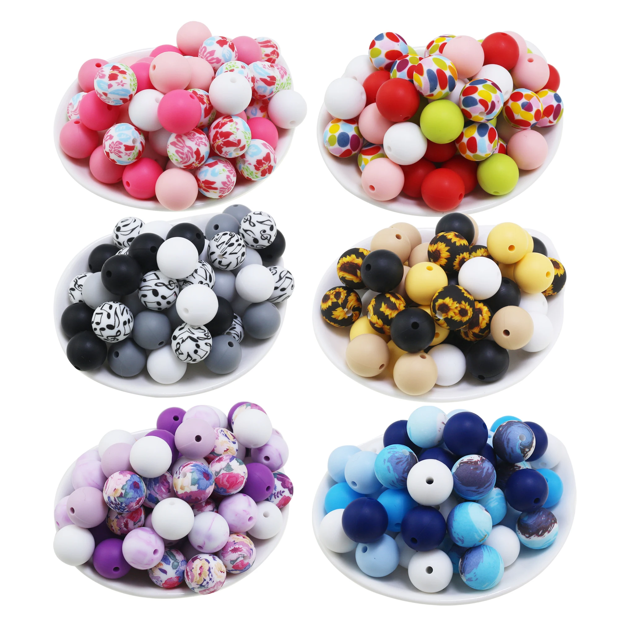 

10Pc Mixed Lot Sunflower Daisy Print Silicone Beads 15mm Starry Sky Star Teething Pearls Leopard Ball Jewelry Necklaces Making