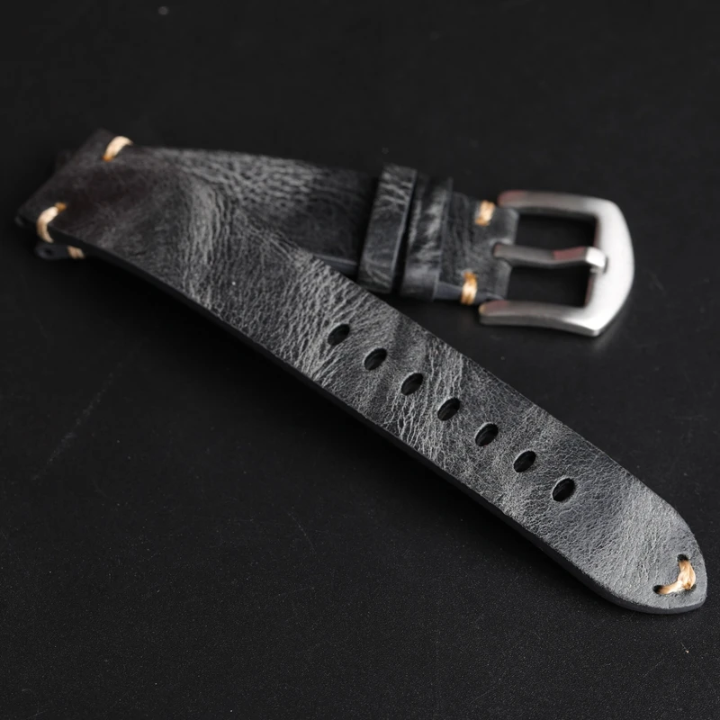 High Quality Cow Leather Watch Strap Band 18mm 19mm 20mm 21mm Retro Handmade Watchbands Gray Color Men Watch Accessories