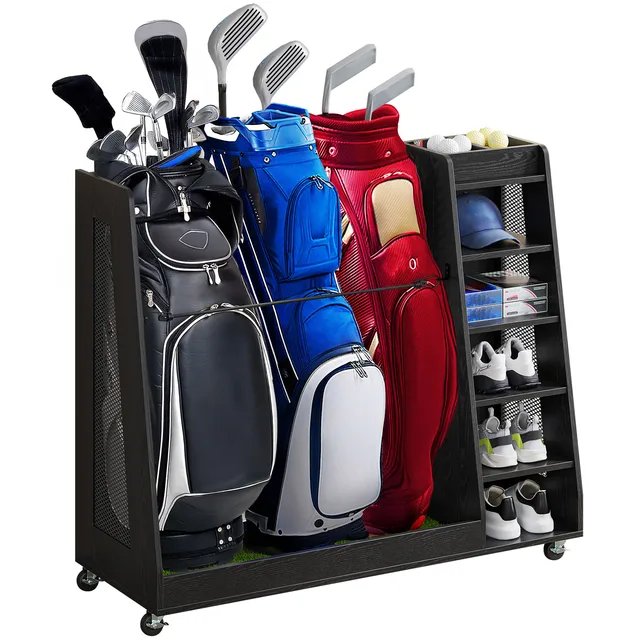 Wooden Large Golf Bag Storage Rack Holder for Garage Fit 3 Golf Bags Organizer 6
