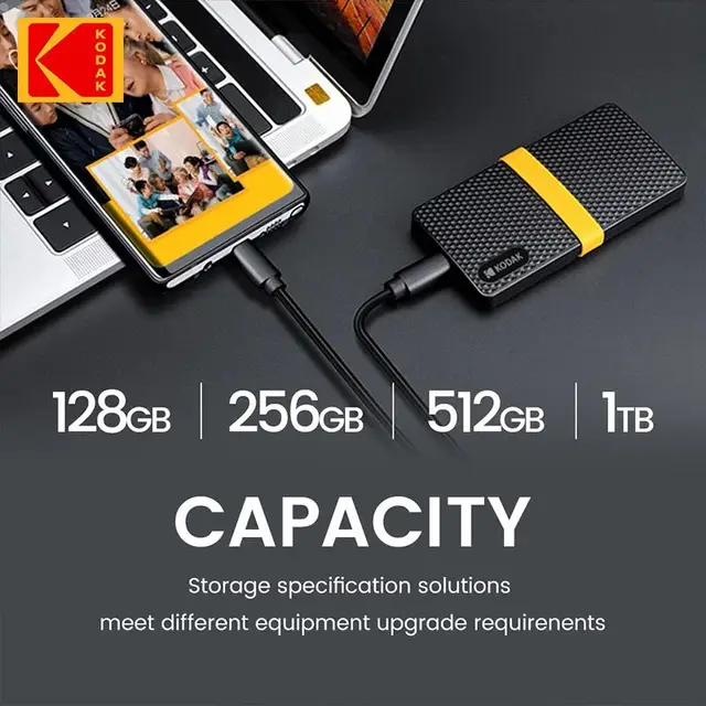 Kodak Portable SSD Type-C USB3.1 Mobile External Solid State Drive PSSD 256GB 512GB 1TB 2TB for Laptops Destops PS5 PS4 XBOX TV 3