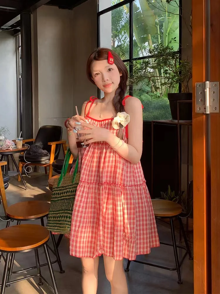 Women Sweet Preppy Style Mini Dress French Style Red Plaid Sleeveless Ruffles Bandage Dresses Summer Y2k Street Vintage Vestidos