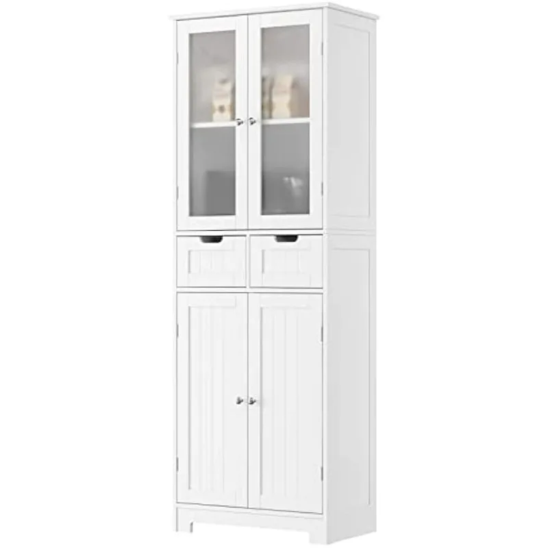 

HORSTOS 67" Tall Storage Cabinet, Freestanding Pantry Cabinet with Glass Door and Shelves, Linen Bathroom Cabinet with 2 Drawers