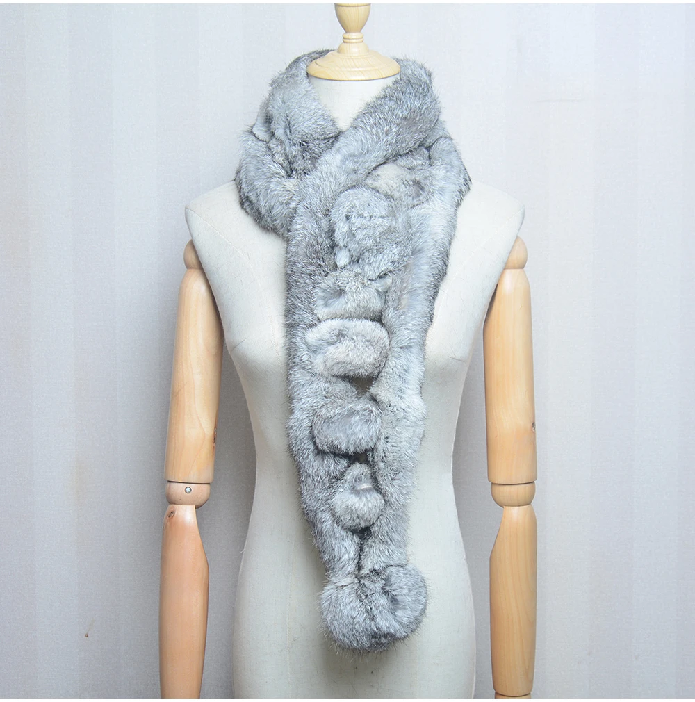 Women Winter Rabbit Fur Scarf 100% Natural Rabbit Fur Fashion warm And Soft Neckerchief Wholesale Pompoml Fur Scarves Headbands 6