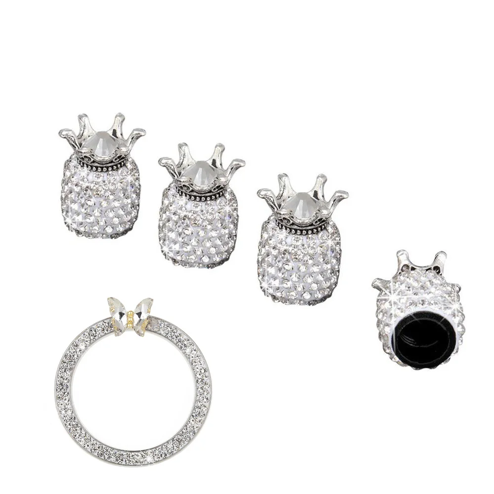 5PCS 블링 자동차 타이어 밸브 모자 클레이 ABS 다이아몬드 크라운 자동 휠 캡 및 라인 석 원 클릭 시작 버튼 엔진 장식