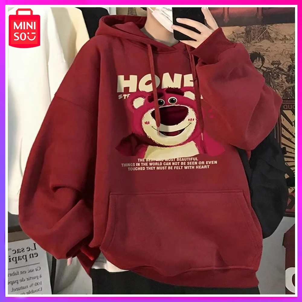 

Miniso Wine-Red Strawberry Bear Weighty Hoodie Autumn/winter American Plus Fleece High Street Vintage Coat Christmas Costume