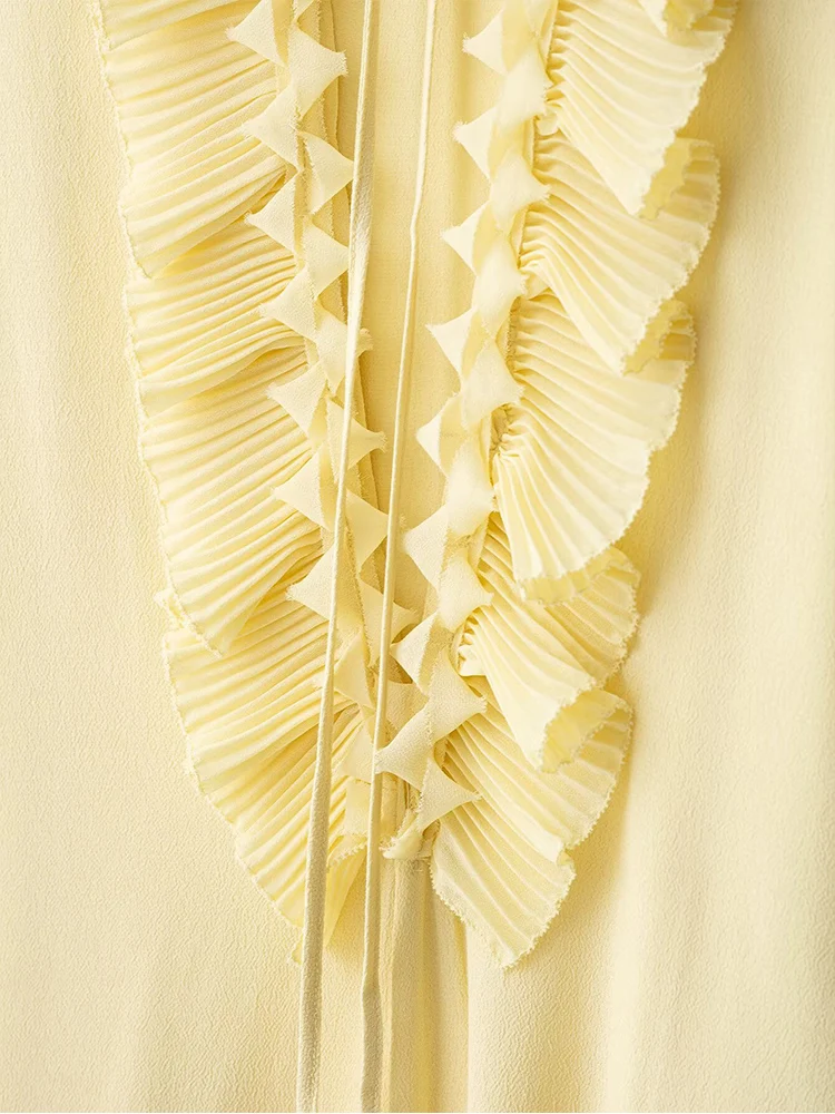 TFMLN Women Ruffles Lace-up Shirts Skirt Set Casual Fashion Loose Long Sleeve V Neck Summer Blouse Midi Skirt Lady Holiday Suit